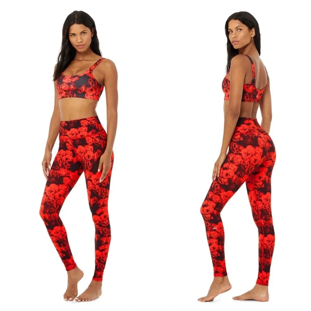 2 PIECE Alo Yoga VAPOR ROSES BRA & HIGH-WAIST ROSES LEGGING set in Cherry